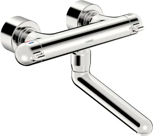 Waschtischbatterie von HANSA mit zwei Drehgriffen für Warm- und Kaltwasser, verchromte Oberfläche, ausladender Wasserhahn.